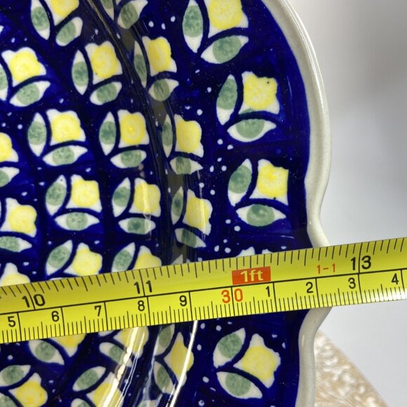 Polish Pottery Large Platter BOLESLAWCU Boleslawiec Poland 13in Ruffled Blue - Picture 2 of 6